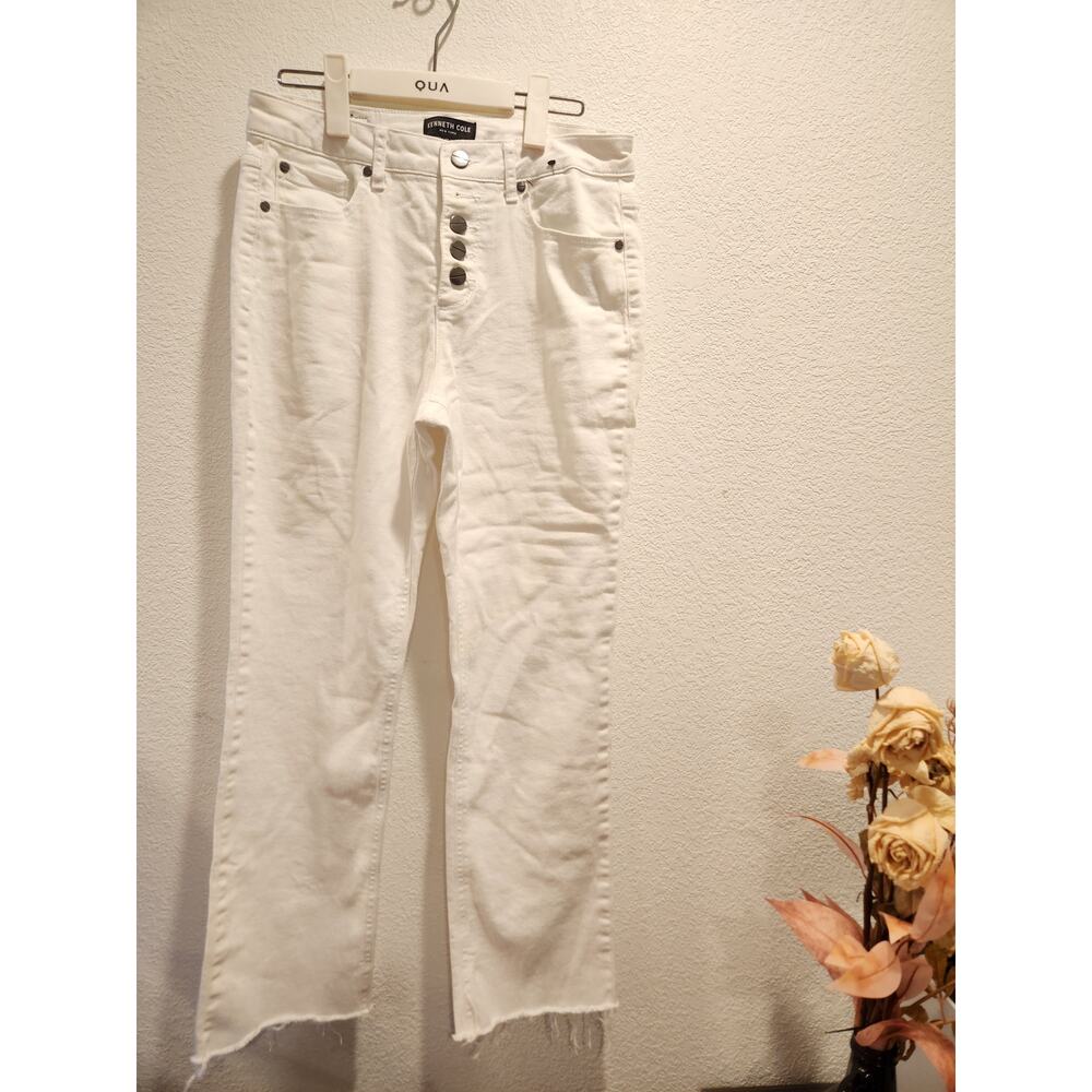 Kenneth Cole White Button-Fly Jeans - Size 4, Frayed Hem, Cotton-Blend‎